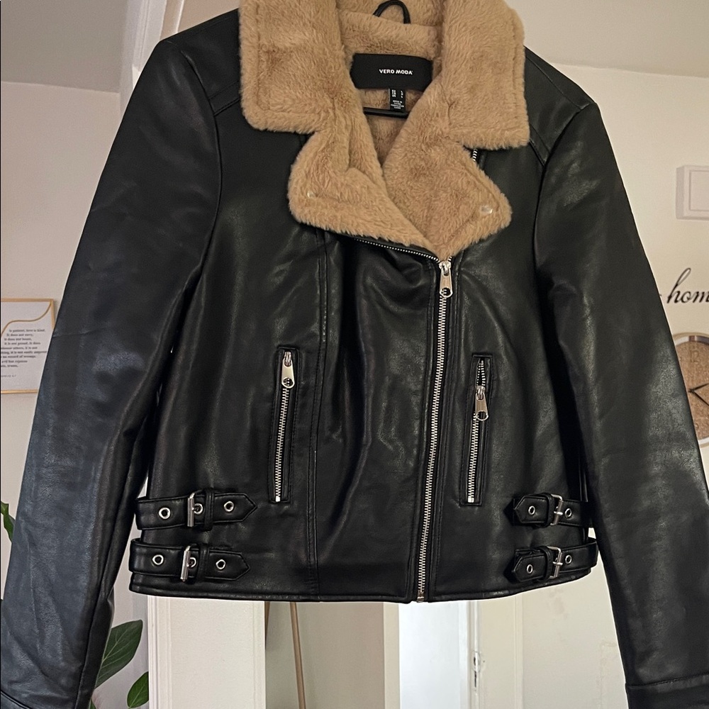 Vero Moda Black Leather Jacket with Tan Collar